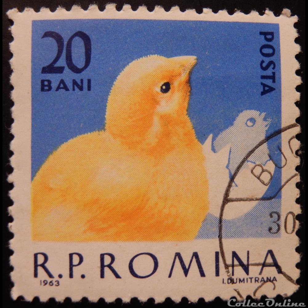 timbre europe roumanie 01908 poussin 20 bani de 1963