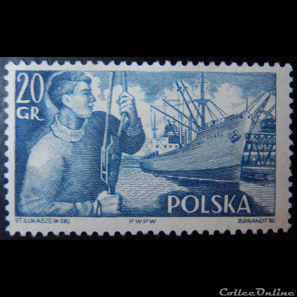 Pologne 00849 Docker et navire 20Gr de 1956 timbre europe pologne 00849 docker et navire 20gr de 1956