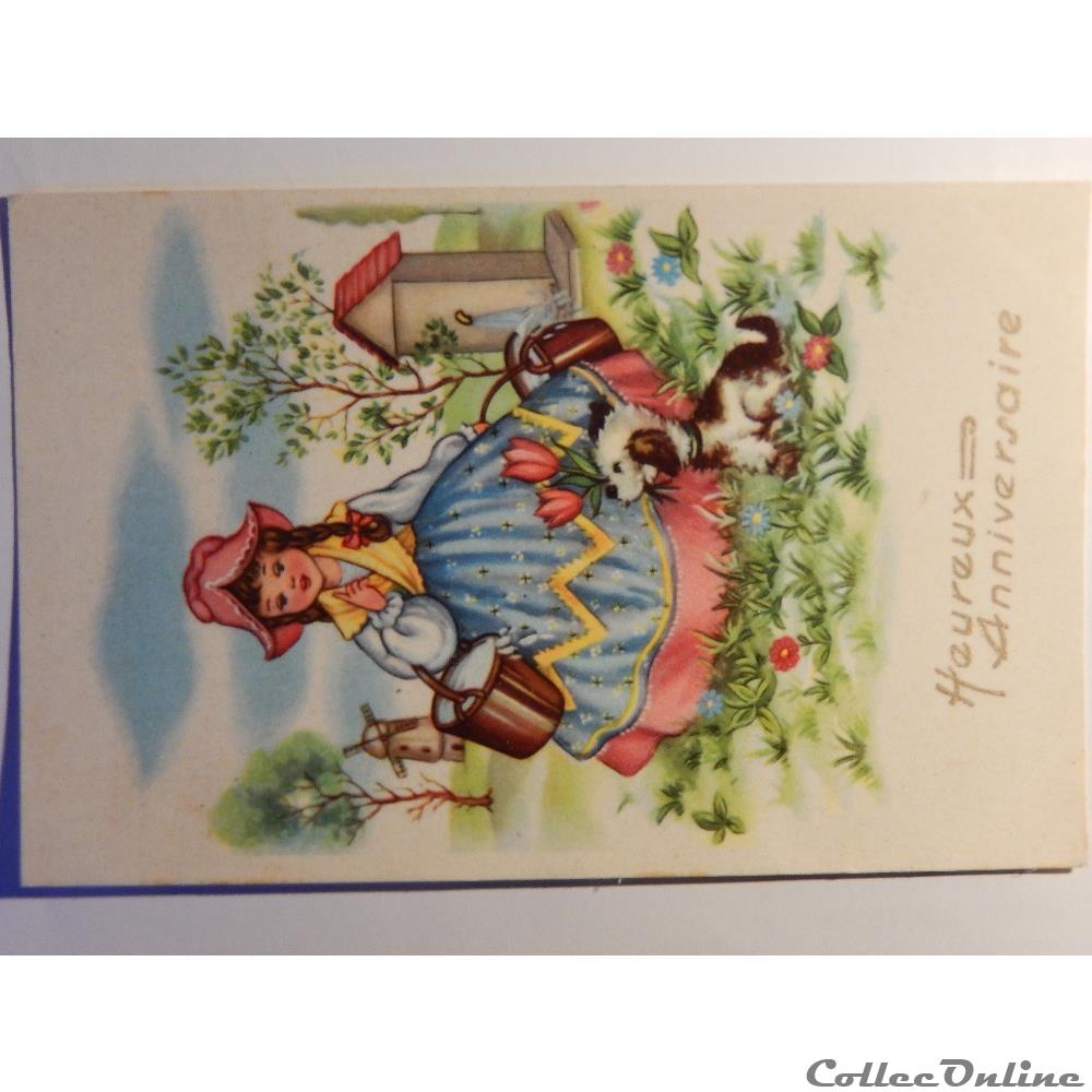 CPA d'heureux anniversaire. Fille et chien. carte postale alsace cpa heureux anniversaire fille et chien