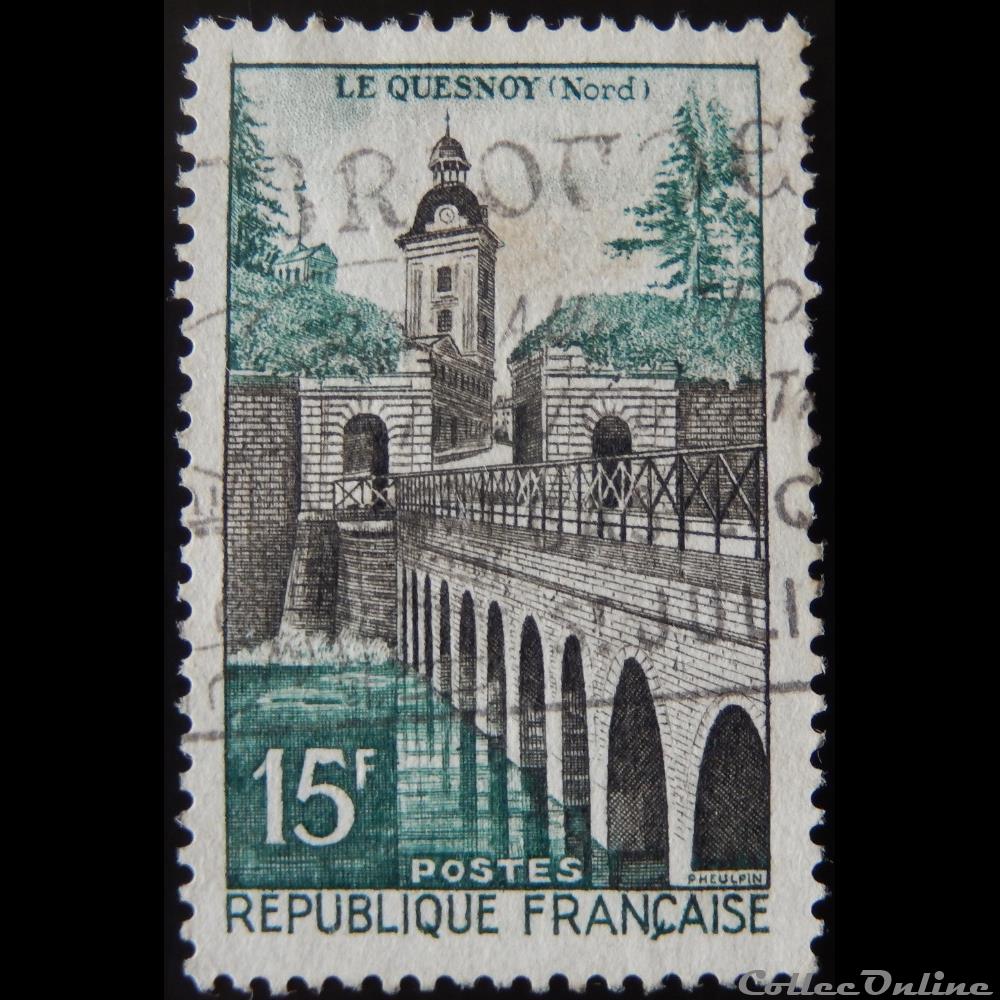 01106 Le Quesnoy (Nord) 15 F sépia et vert-bleu de 1957 3 timbre france 01106 le quesnoy nord 15 f sepia et vert bleu de 1957