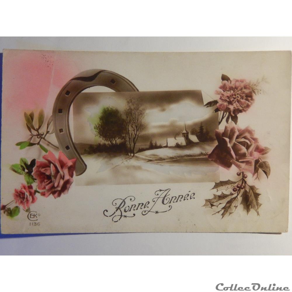 carte postale ile france cpa de bonne annee roses fer a cheval et paysage hivernal