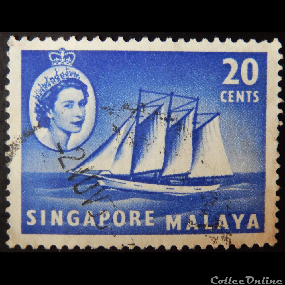Singapour 00036 reine Elisabeth II et goélette îles cocos 20c de 1955 timbre asie singapour 00036 reine elisabeth ii et goelette iles cocos 20c de 1955