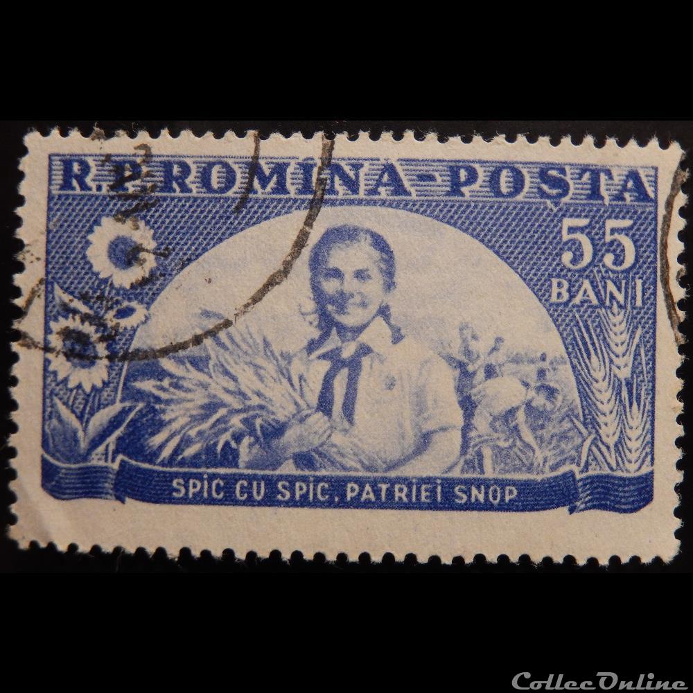 timbre europe roumanie 01348 fille avec gerbe de ble 55 bani de 1954