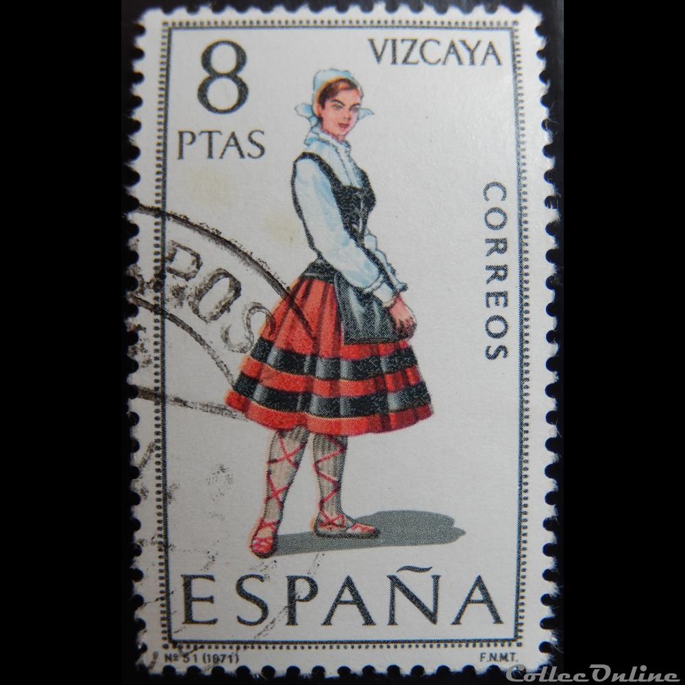 Espagne 01671 costume traditionnel de Vizcaya 8Ptas de 1971 timbre europe espagne 01671 costume traditionnel de vizcaya 8ptas de 1971