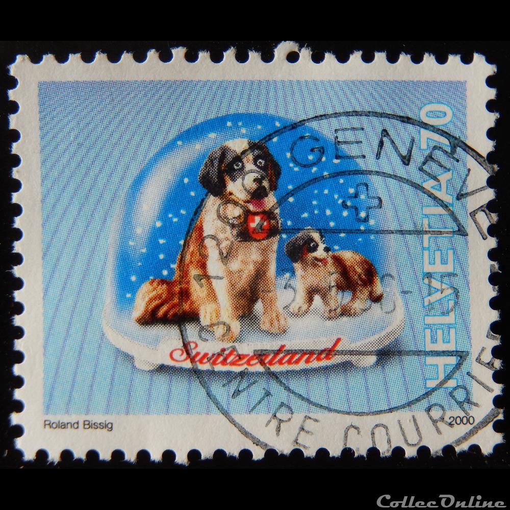 Suisse 01652 boule à neige chien St Bernard 70cts de 2000 timbre europe suisse 01652 boule a neige chien st bernard 70cts de 2000