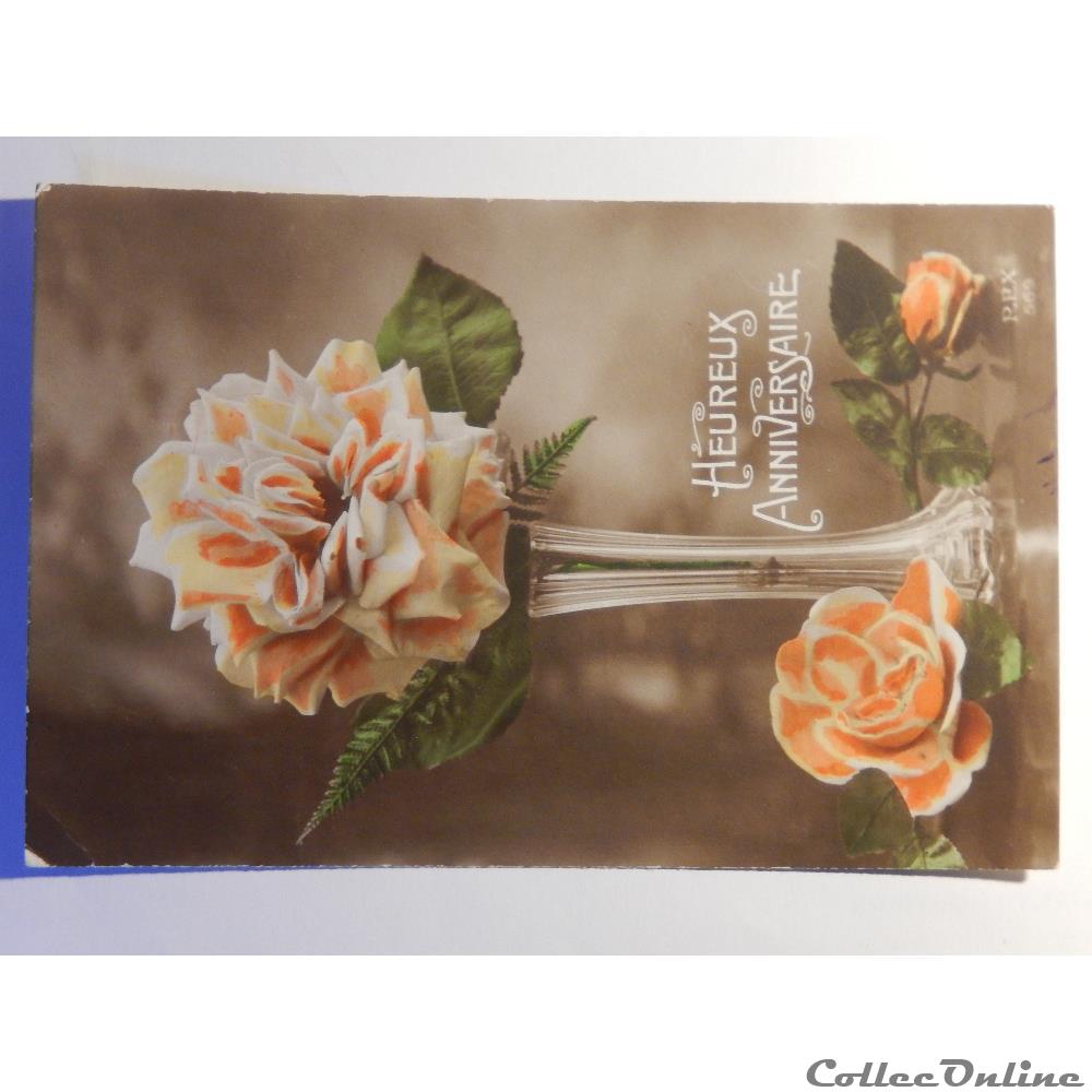 CPA d'heureux anniversaire avec des roses. carte postale ile france cpa heureux anniversaire avec des roses
