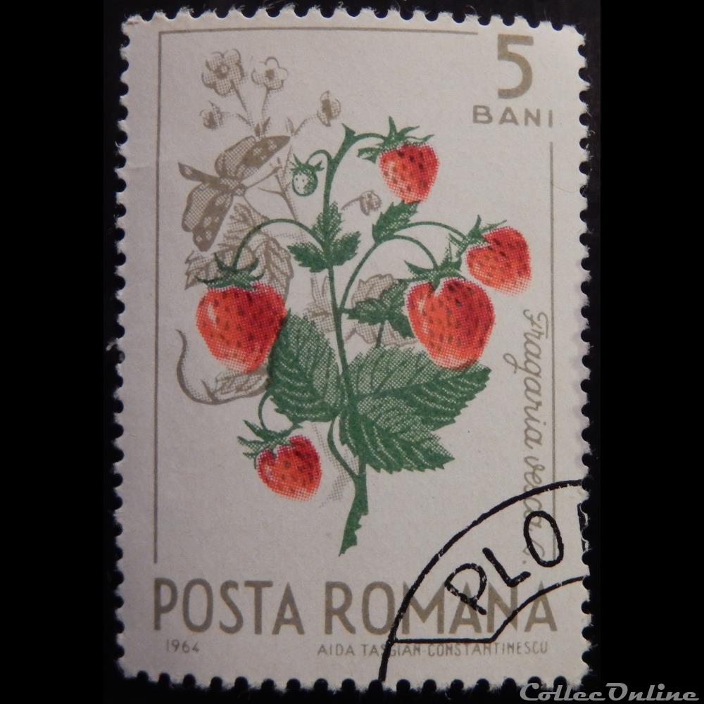 timbre europe roumanie 02084 fraise des bois et papillon 5 bani de 1964