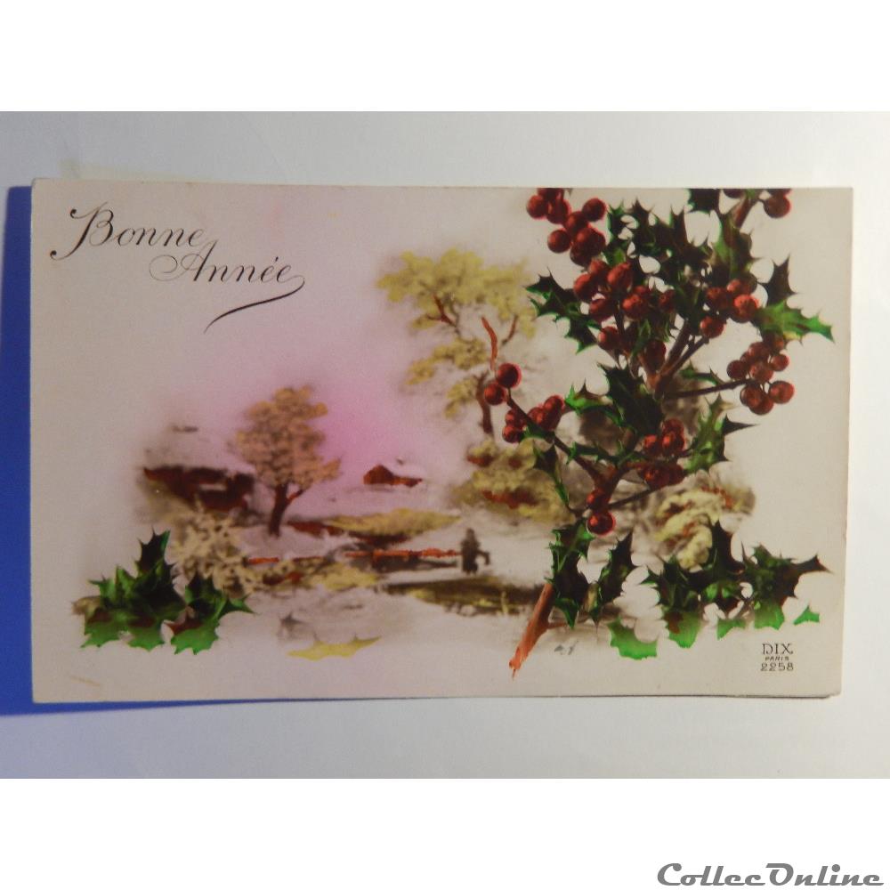 carte postale alsace cpa de bonne annee houx et paysage hivernal