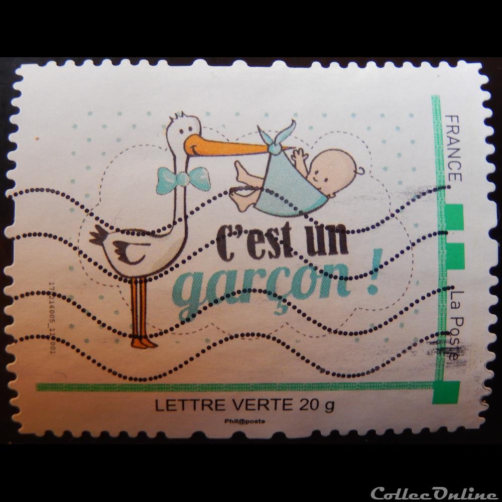 SP00023 Cigogne avec un garçon lettre verte 2015 timbre france sp00023 cigogne avec un garcon lettre verte 2015