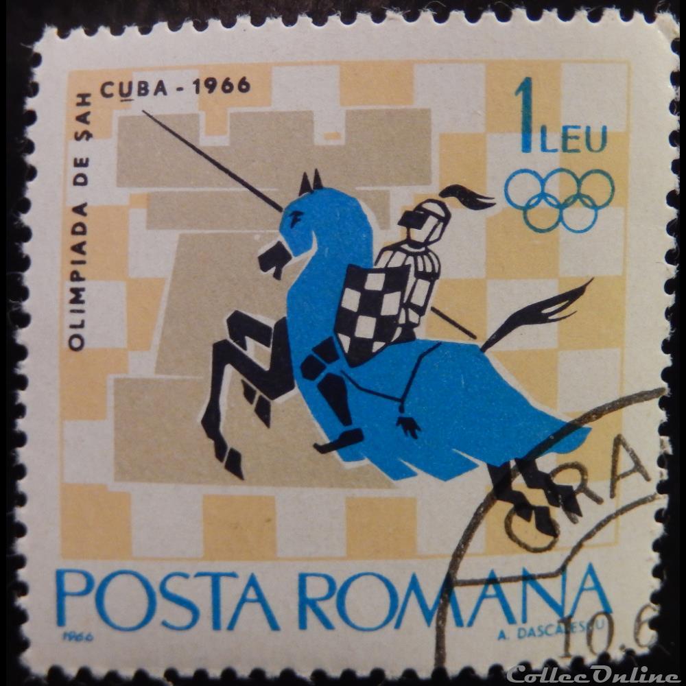 timbre europe roumanie 02196 chevalier et tour sur echiquier 1 leu de 1966
