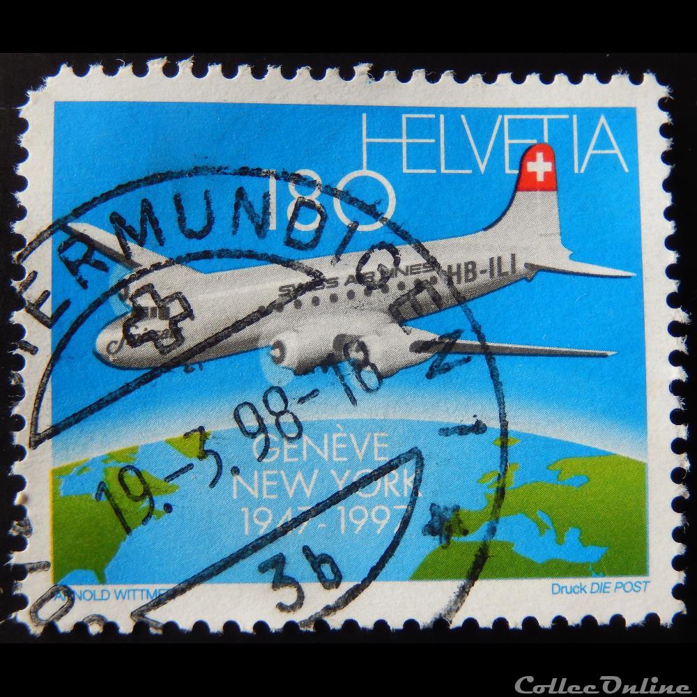 Suisse 01537 Douglas DC-4 vol Genève-New-York 180cts de 1997 timbre europe suisse 01537 douglas dc 4 vol geneve new york 180cts de 1997