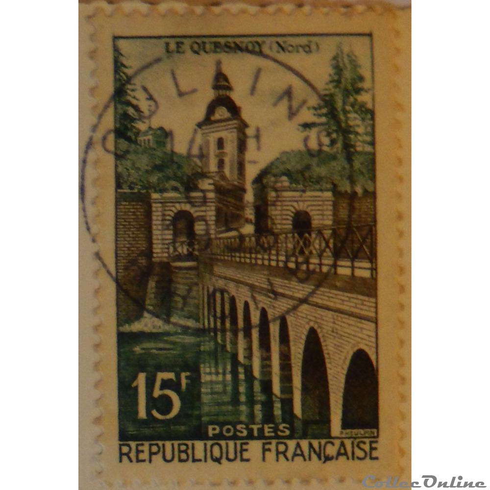 01106 Le Quesnoy (Nord) 15 F sépia et vert-bleu de 1957 2 timbre france 01106 le quesnoy nord 15 f sepia et vert bleu de 1957