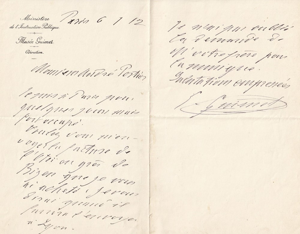 lettre manuscrite emile guimet au ministere de instruction publique