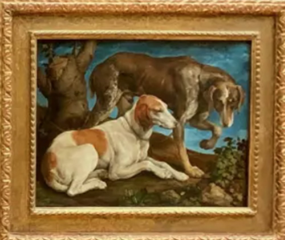 Deux chiens de chasse liés à une souche de Jacopo Bassano deux chiens de chasse lies a une souche de jacopo bassano