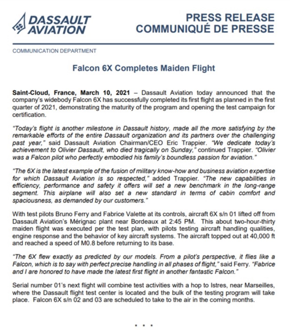 press release falcon 6x completes maiden flight