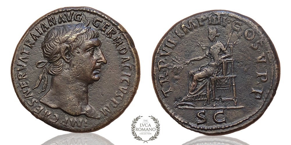 coins ancient to romans imperial republican rare sestertius of emperor trajan with pax and tr p number minted in rome 103 a d