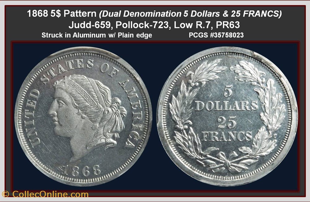 coins j 659 1868 5 dual denomination pattern 5 25 francs