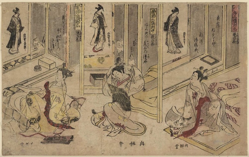 "Triptych of Hanging Scrolls Playing with Reality" (1750), by Nishimura Shigenaga triptych of hanging scrolls playing with reality 1750 by nishimura shigenaga