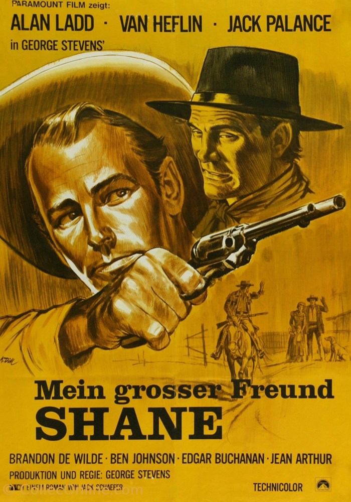 Vieux poster, film "Shane", jaune, cinema, directeur Alan Ladd, 1913 old paper advertisements vieux poster film shane jaune cinema directeur alan ladd 1913
