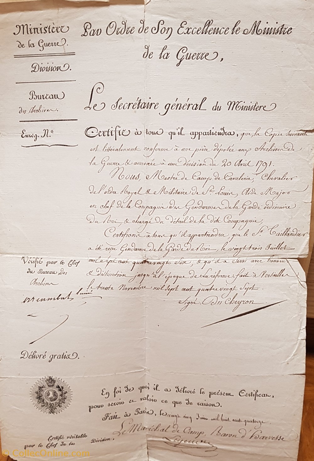 militaria police gendarmerie certificat de bonne conduite reforme gendarme 1814