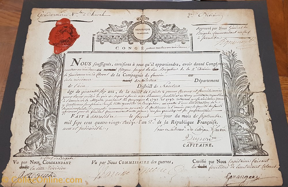 Congé pour un brigadier de gendarmerie à cheval - 1793 militaria police conge pour un brigadier de gendarmerie a cheval 1793