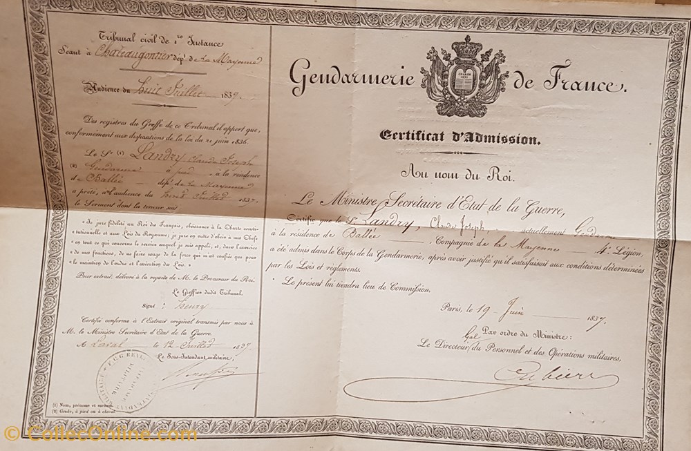 Certificat d'admission - Gendarme - 1837 militaria police gendarmerie certificat admission gendarme 1837