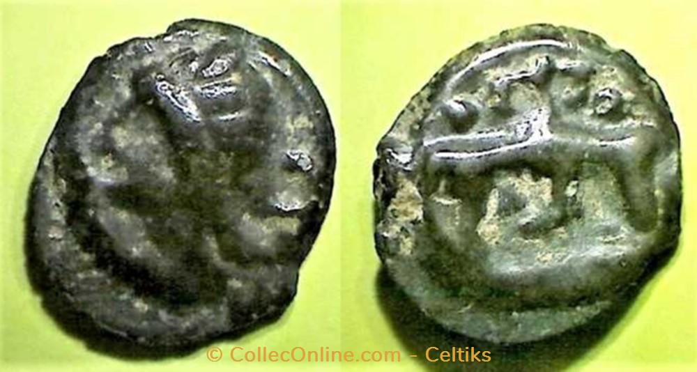 monnaie antique av jc ap gauloise moule decale potin tete casque et taureau au lys
