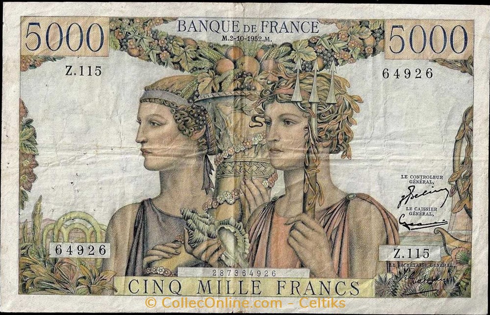 5000 francs ( terre et mer ) - type 1949 billets europe france 5000 francs terre et mer type 1949
