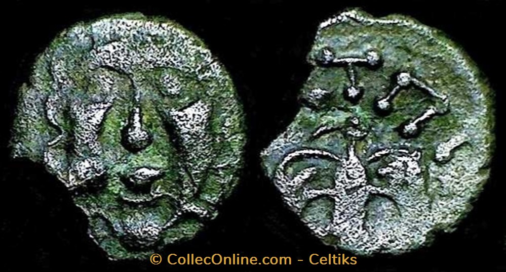 fraction ATPI à la tête de face et à l'oiseau monnaies antiques celtes fraction atpi a la tete de face et a oiseau