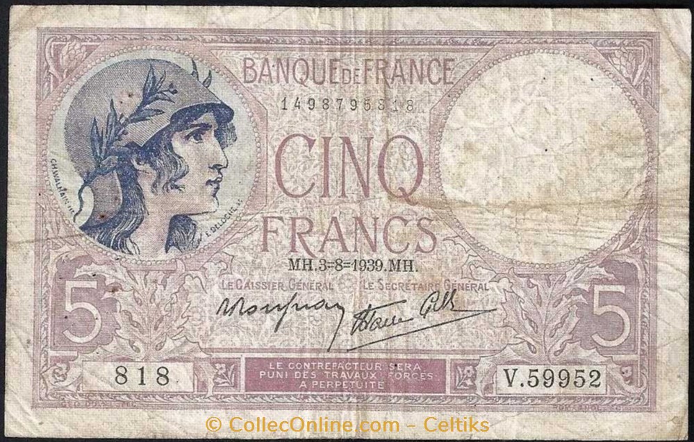 5 francs ( violet ) billets europe france 5 francs violet
