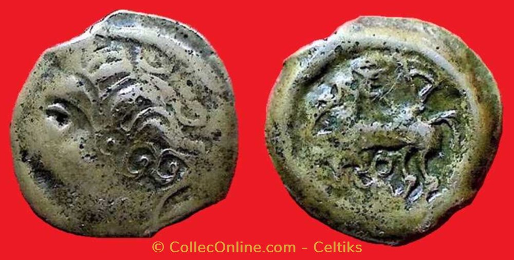 bronze au cheval au triskèle et trois annelets - a monnaies antiques celtes bronze au cheval au triskele et trois annelets a