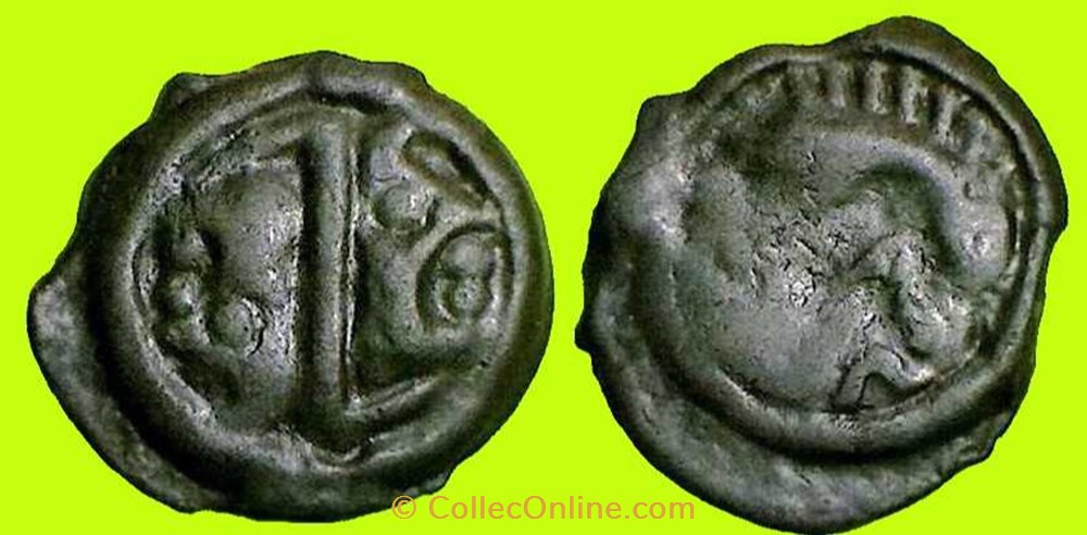 potin à la tête janiforme OYINDIA (b) monnaies antiques celtes potin a la tete janiforme oyindia b