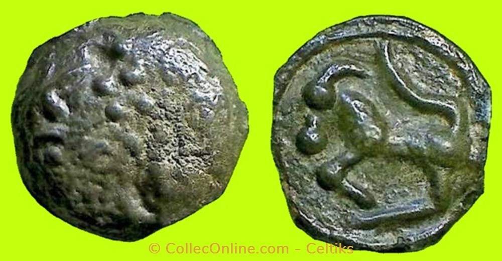 potin à la tête casquée et rangée de globules * monnaies antiques celtes potin a la tete casquee et rangee de globules