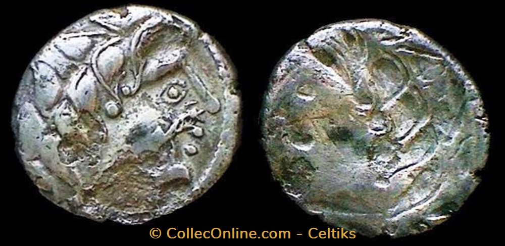 drachme aux deux chevaux , tête moustachue monnaies antiques celtes drachme aux deux chevaux tete moustachue