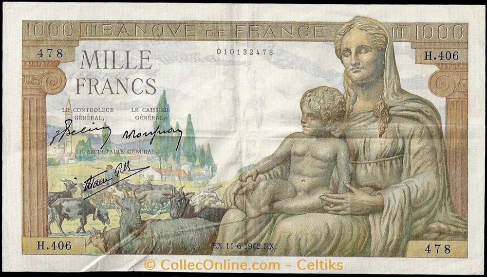 1000 francs ( déesse DEMETER ) - type 1942 billets europe france 1000 francs deesse demeter type 1942
