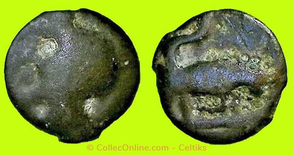 potin à la tête diabolique - cl 8 var au taureau à droite monnaies antiques celtes potin a la tete diabolique cl 8 var au taureau a droite
