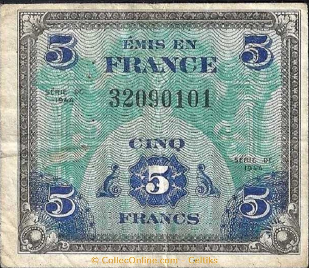 billets europe france 5 francs drapeau 1944