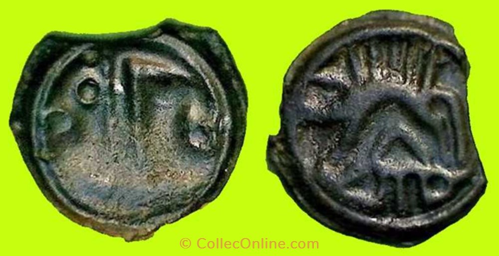 potin à la tête janiforme OYINDIA (b) monnaies antiques celtes potin a la tete janiforme oyindia b