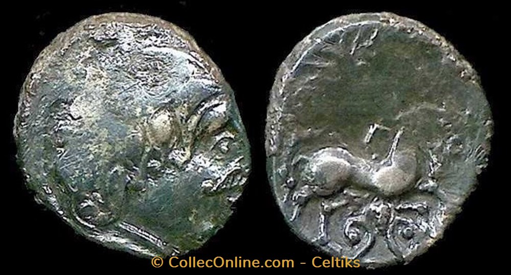 drachme aux deux chevaux , tête moustachue monnaies antiques celtes drachme aux deux chevaux tete moustachue