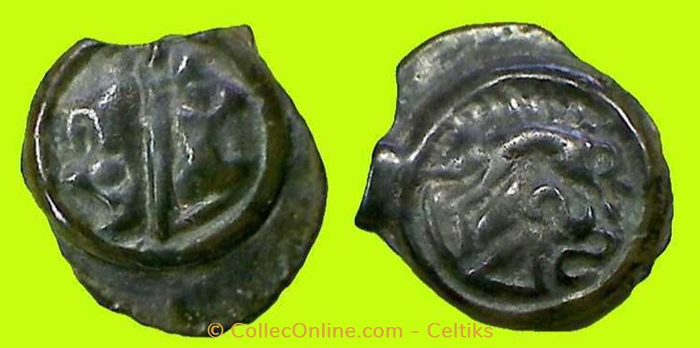 potin à la tête janiforme OYINDIA (b) monnaies antiques celtes potin a la tete janiforme oyindia b