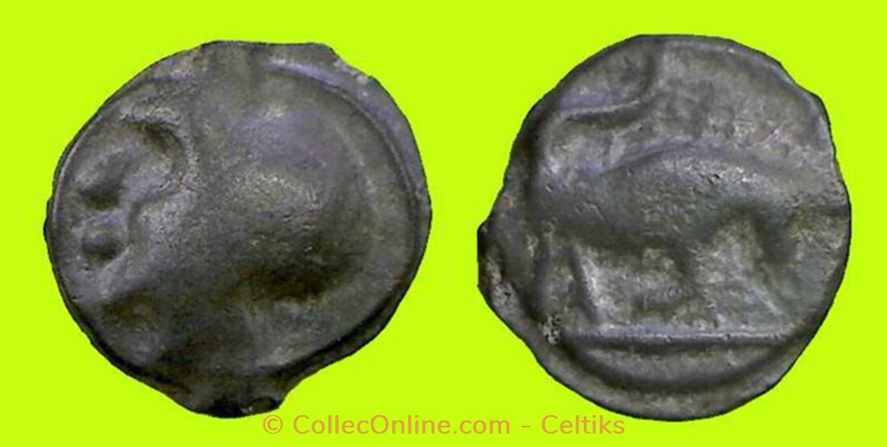 potin à la tête diabolique - cl 8 var au taureau à droite monnaies antiques celtes potin a la tete diabolique cl 8 var au taureau a droite