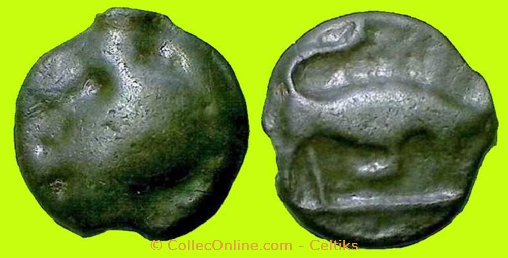 potin à la tête diabolique - cl 8 au taureau à droite monnaies antiques celtes potin a la tete diabolique cl 8 au taureau a droite