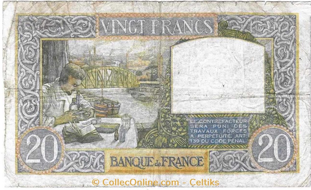 20 francs ( science et travail ) - type 1940 billets europe france 20 francs science et travail type 1940