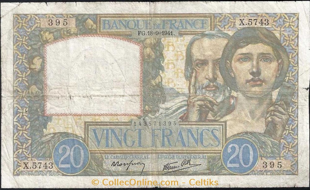 20 francs ( science et travail ) - type 1940 billets europe france 20 francs science et travail type 1940