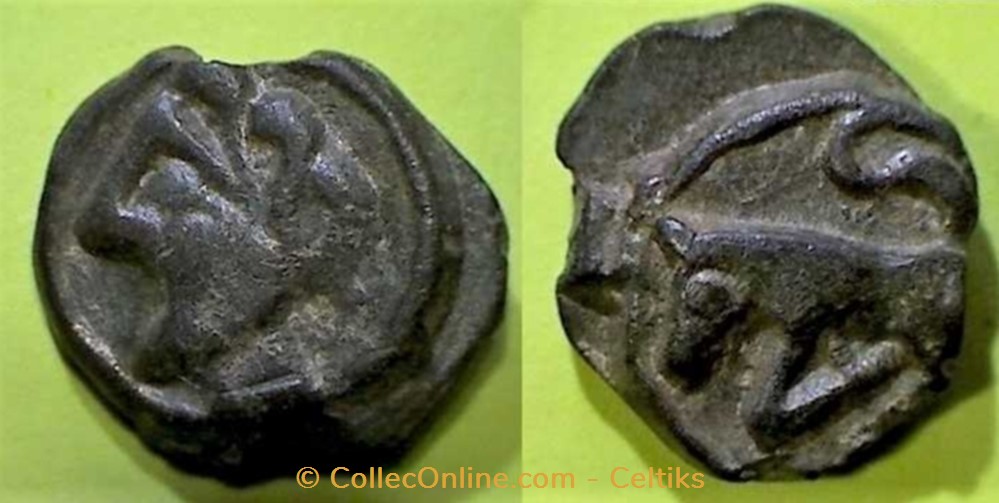 moule décalé - potin à la tête diabolique monnaie antique av jc ap gauloise moule decale potin a la tete diabolique