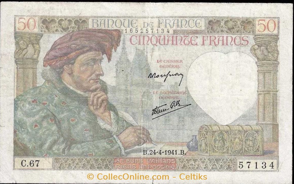 50 francs ( JACQUES COEUR ) - type 1941 billets europe france 50 francs jacques coeur type 1941