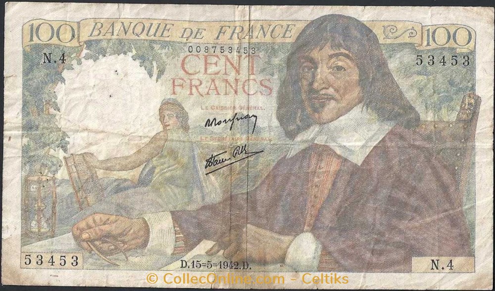 100 francs ( DESCARTES ) - type 1942 billets europe france 100 francs descartes type 1942