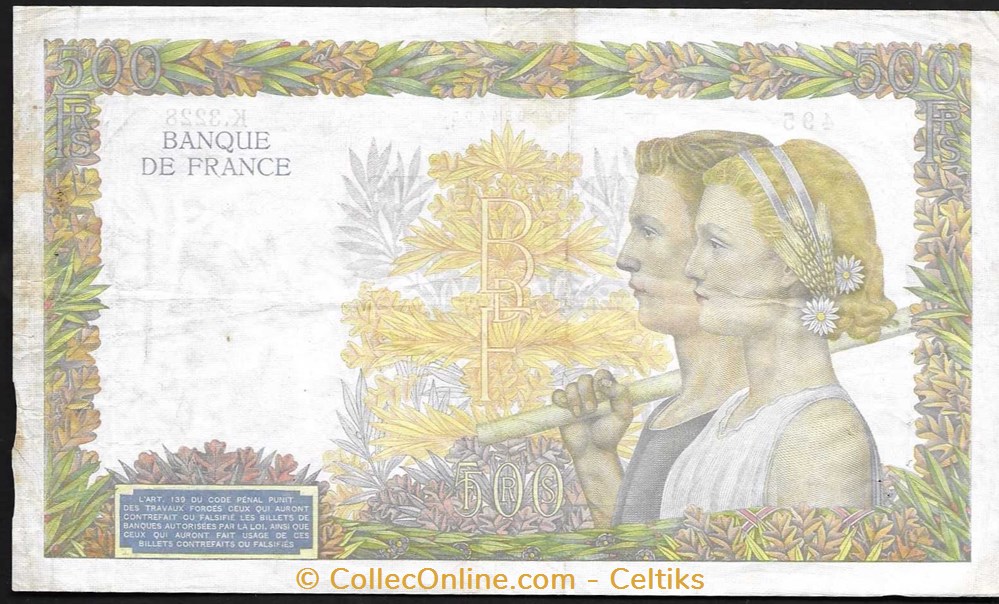 500francs ( la paix ) - type 1939 billets europe france 500francs la paix type 1939