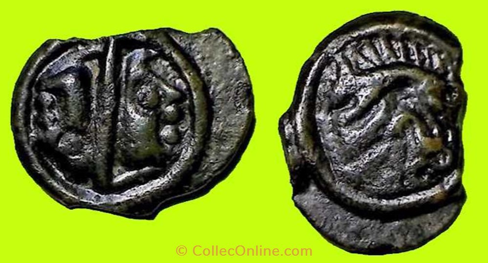 potin à la tête janiforme OYINDIA (b) monnaies antiques celtes potin a la tete janiforme oyindia b