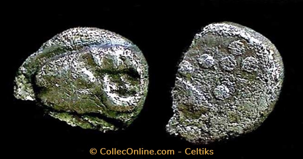 obole à la tête de bélier à gauche type du trésor " d'AURIOL " monnaies antiques celtes obole a la tete de belier a gauche type du tresor auriol